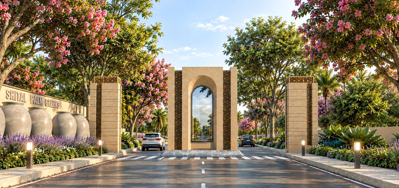 Flower-lined entrance avenue