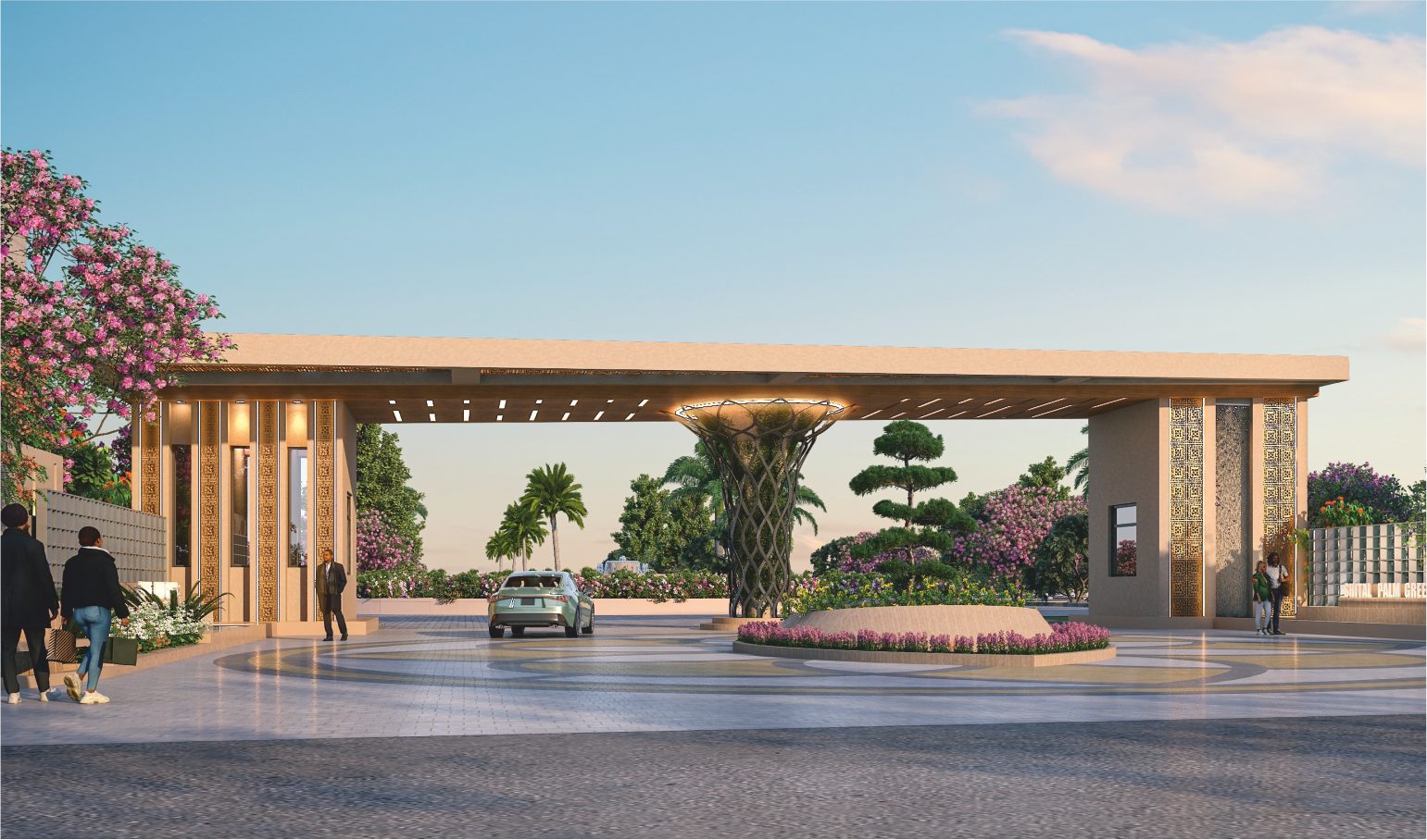 Grand entrance of Shital Palm Greens with a sculptural centrepiece, decorative jaali panels and a landscaped arrival plaza
