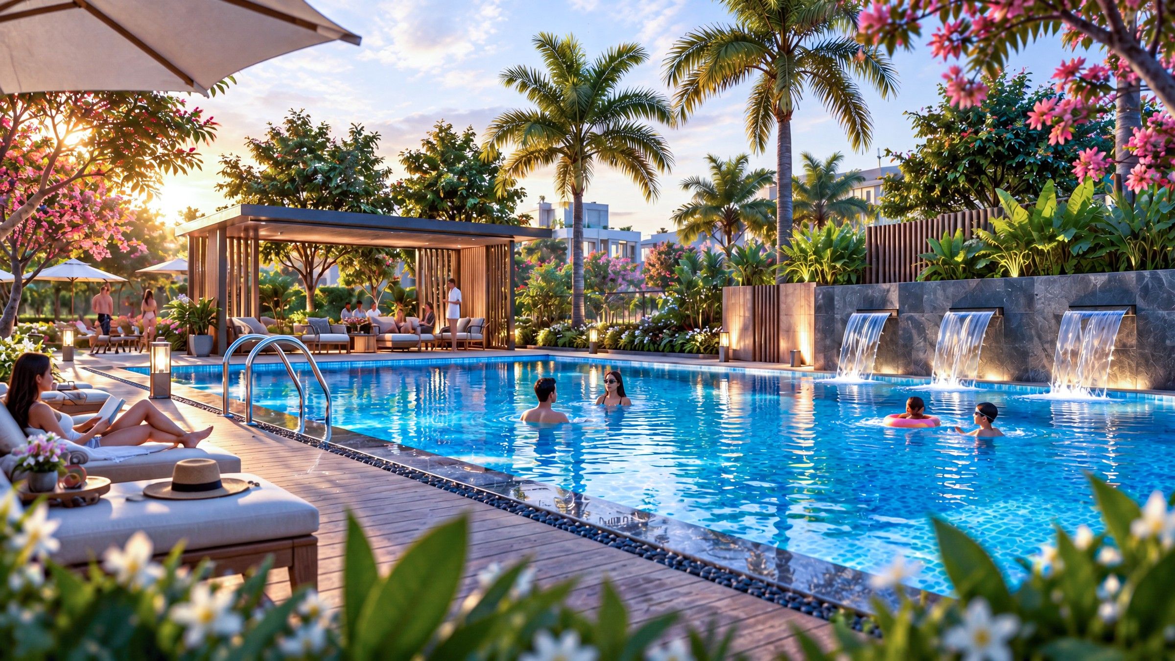 Swimming pool surrounded by palms