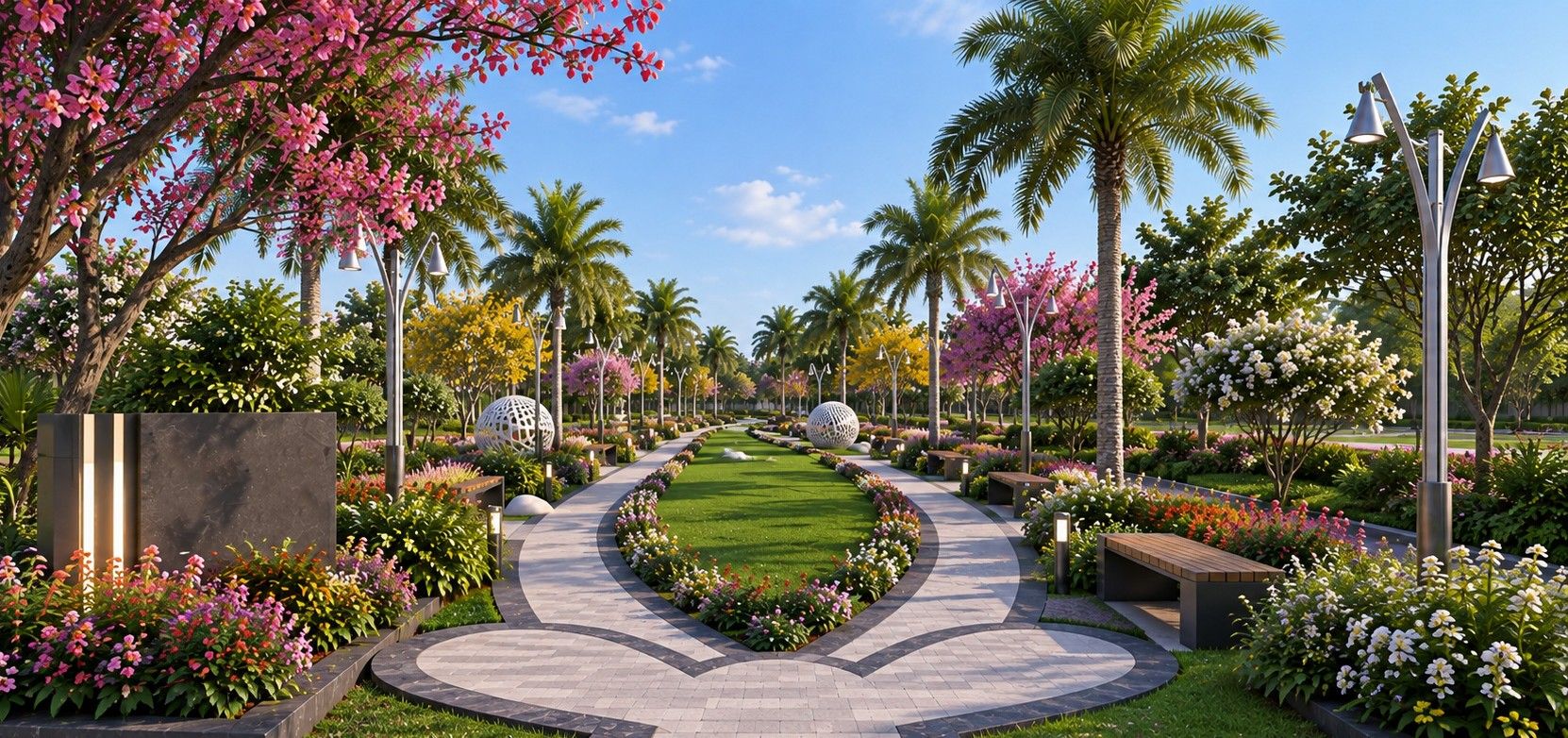 Palm-lined landscaped walking garden