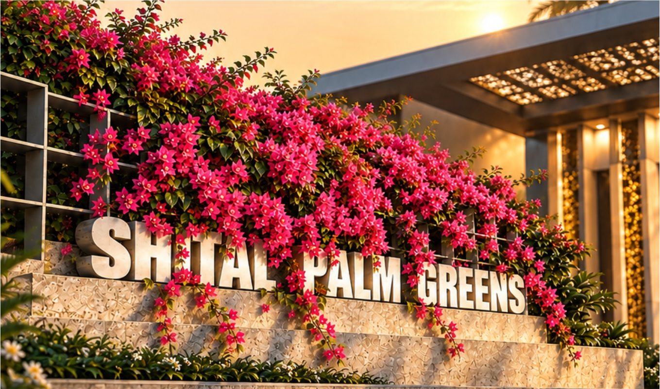 Shital Palm Greens name sign framed by pink bougainvillea